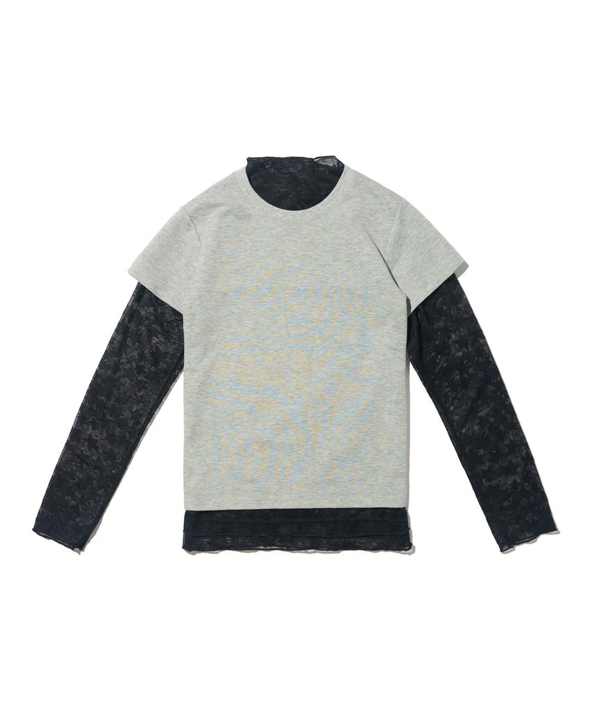CARGOBROS FOR WOMAN Star See-Through Long Sleeve Layered Short Sleeve Tee Set (Black/Melange)