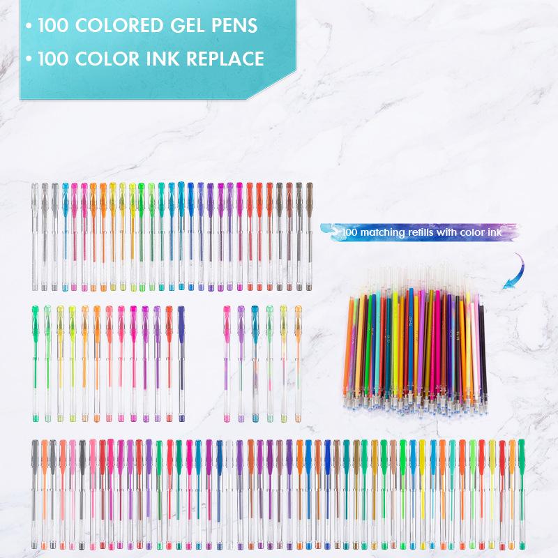 XinyiArt 100 Coloring Gel Pens Set Neon Pastel Metallic Glitter Gel Colored Pen With Black Canvas Bag for Adults Coloring Books