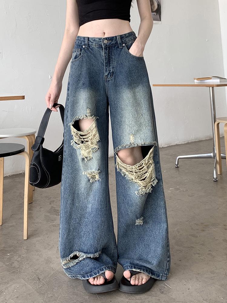 

Женские джинсы с высокой талией в стиле ретро с широкими штанинами и рваностями - Летние в пол Small