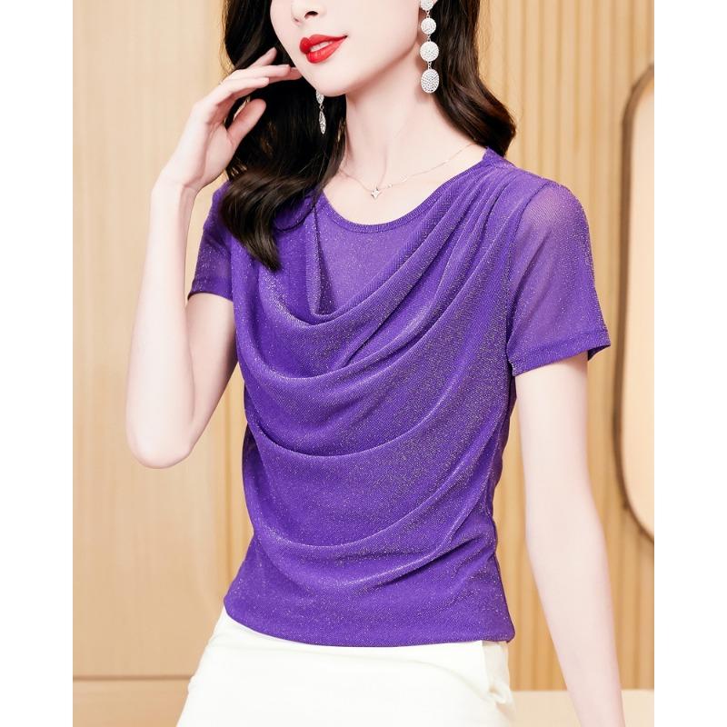 Summer New Fashion Versatile Swing Collar Bright Silk Short-sleeved Mesh Slim Fit T-shirt for Women