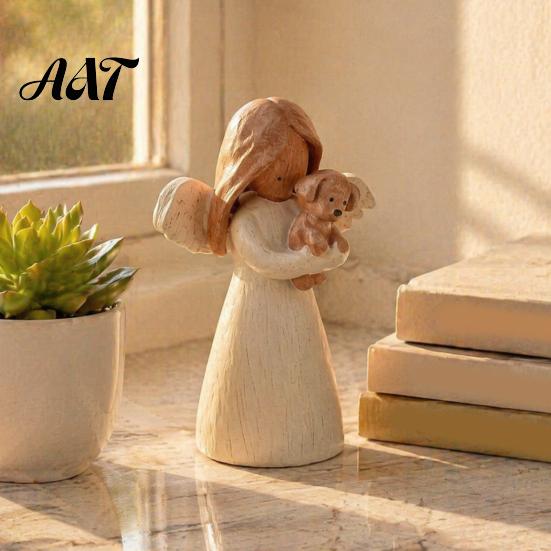 Unique Gifts for Cat Owners Angel Holding Puppy Figurine, Cute Dog Resin Statue Home Heartwarming Pet Keepsake Desk Decor, Handcrafted Wood