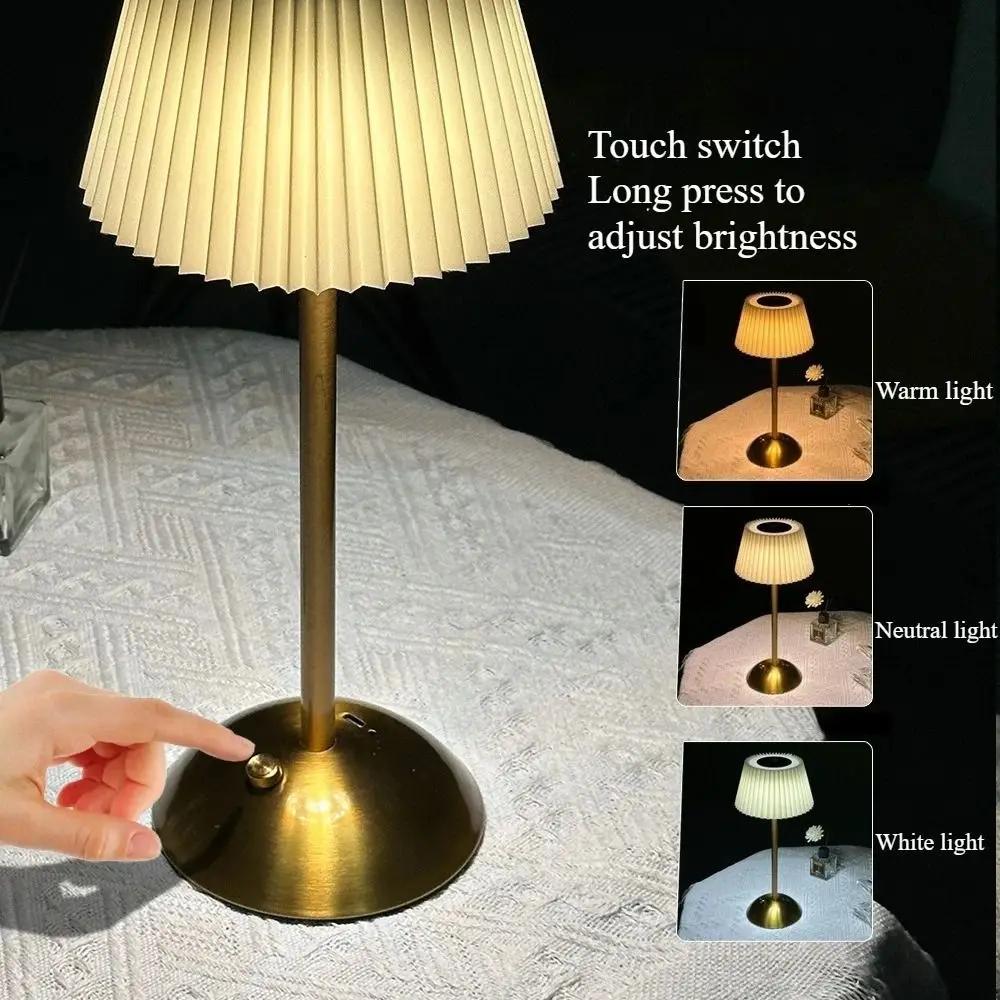 3 Color Lights Small Pleated Table Lamp Touch Control Stepless Dimmable Desk Ambient Light Fabric Shade Cordless