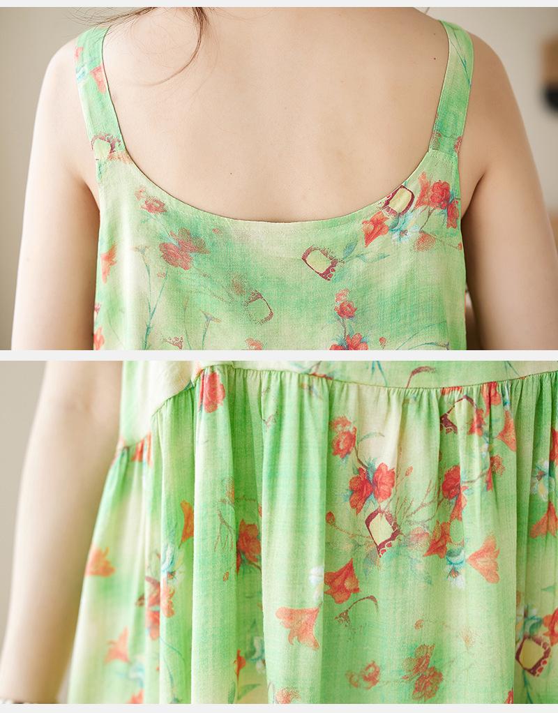 2026 Summer Cotton Linen Patchwork Long Dress with Sling and Large Hem Skirt