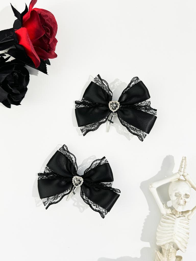 2pcs/set Gothic Style Heart-shaped Cross Lace Bow Hair Clip, Women's Landmine Series, Mass-produced Lolita Hair Accessory