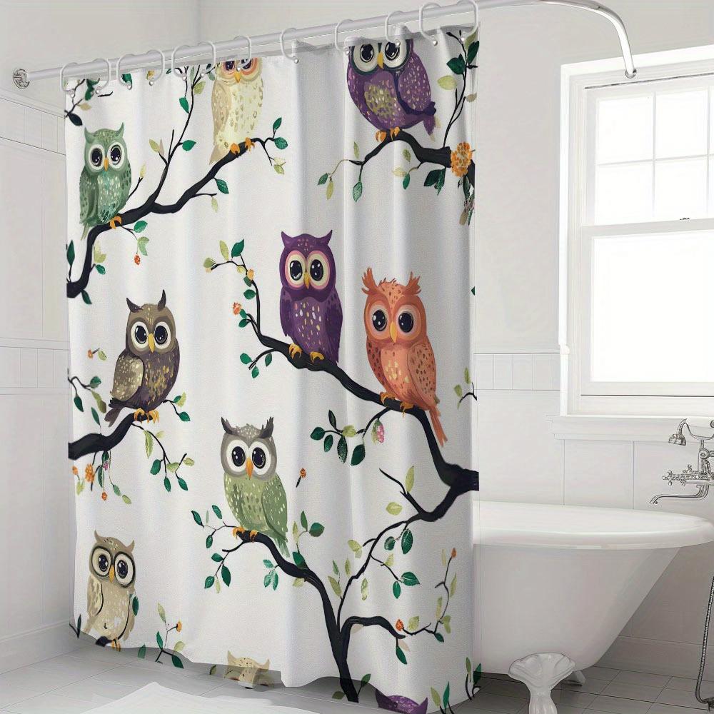 1Pc Cartoon Owl Print Shower Curtain-Machine Washable Polyester With Hooks, Great For Home And Bathroom Decoration, Perfect Gift