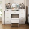 Vanity Table LED Lighting Mirror 3 Brightness Levels Modern Dressing Table 6 Shelves 9 Drawers Stool Cosmetic Table Wood White