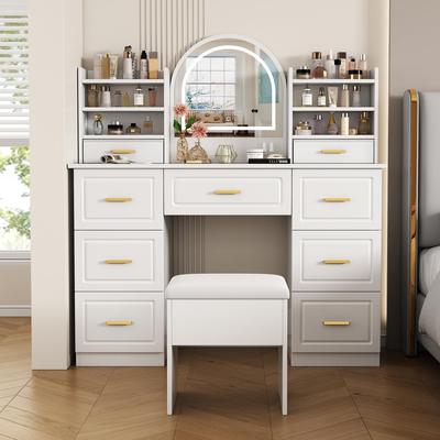 Vanity Table LED Lighting Mirror, 3 Brightness Levels, Modern Dressing Table, 6 Open Shelves, 9 Drawers, Stool, Wood, White