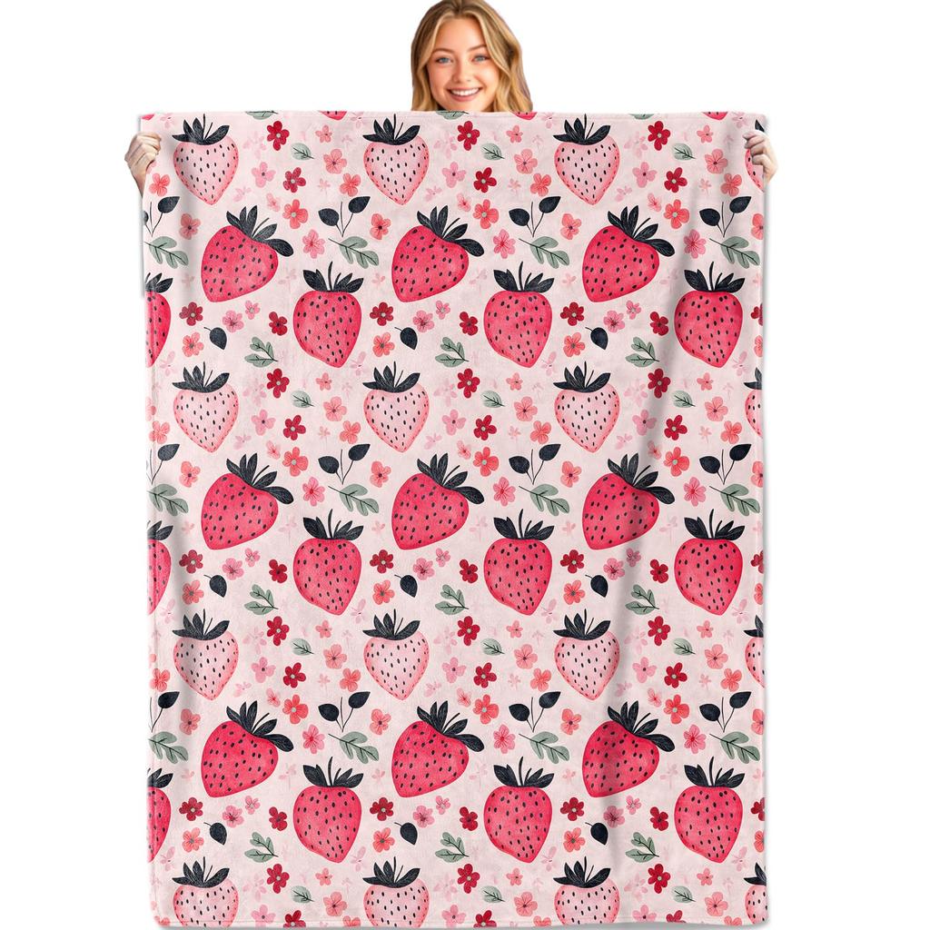 Cute Strawberry Blanket, Plush Soft Warm Flannel Sweet Fruit Throw Blanket for Couch, Travel, Bed, Outdoor, Gift for Teen Adult