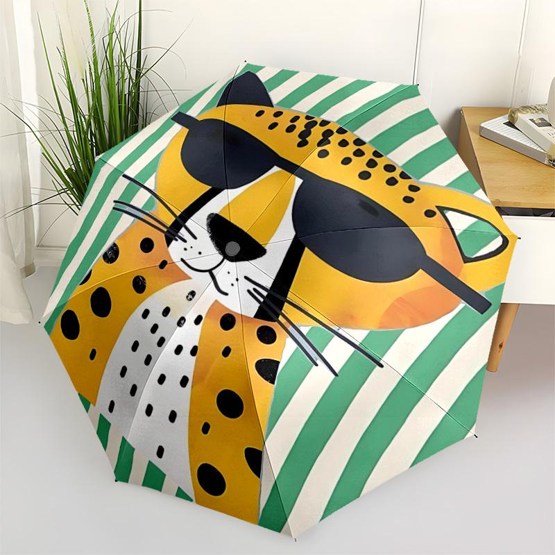 1pc Cool Cheetah Stylish Leopard Automatic Folding Umbrella, 8-Rib Durable Iron Frame, Compact Travel Umbrella for Women & Men 098