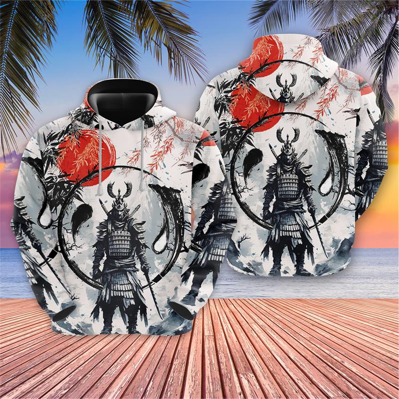 Japońskie samurajskie bluzy graficzne Harajuku Fashion Cherry Blossoms bluzy z kapturem dla mężczyzn ubrania Warrior Cat Y2k bluza z kapturem dla chłopców