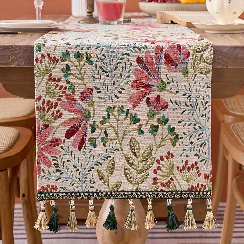Colorful Flower Jacquard Table Runner with Tassel Kitchen Dining Table Decoration Embroidered Table Runner for Home Party Decor