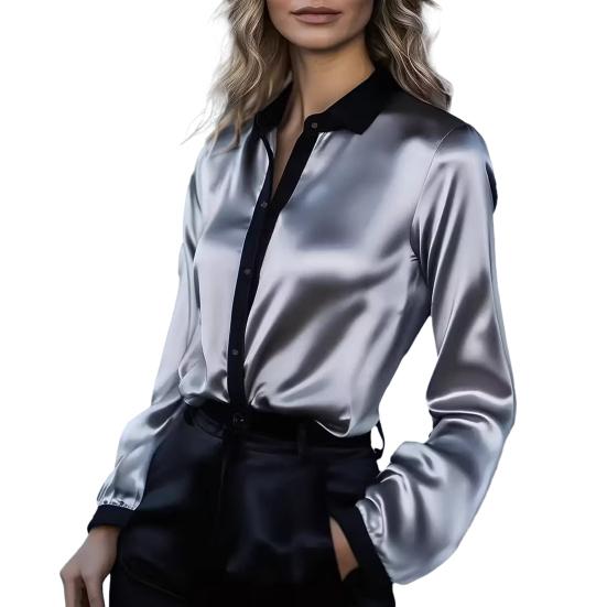 

Жіноча сорочка з лацканами, з довгим рукавом, атласної текстури, дихаюча, з кольоровими вставками, вільного крою, офіційні повсякденні топи 2XL сірий