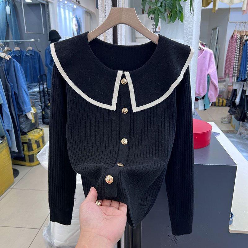 Doll collar striped knitted women's autumn and winter gentle small age-reducing temperament beautiful backing top