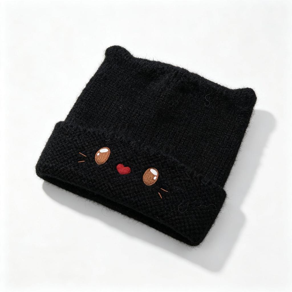 Soft sister cat ear knitted hat autumn and winter warm wool hat cat embroidery cold hat simple versatile hat women's