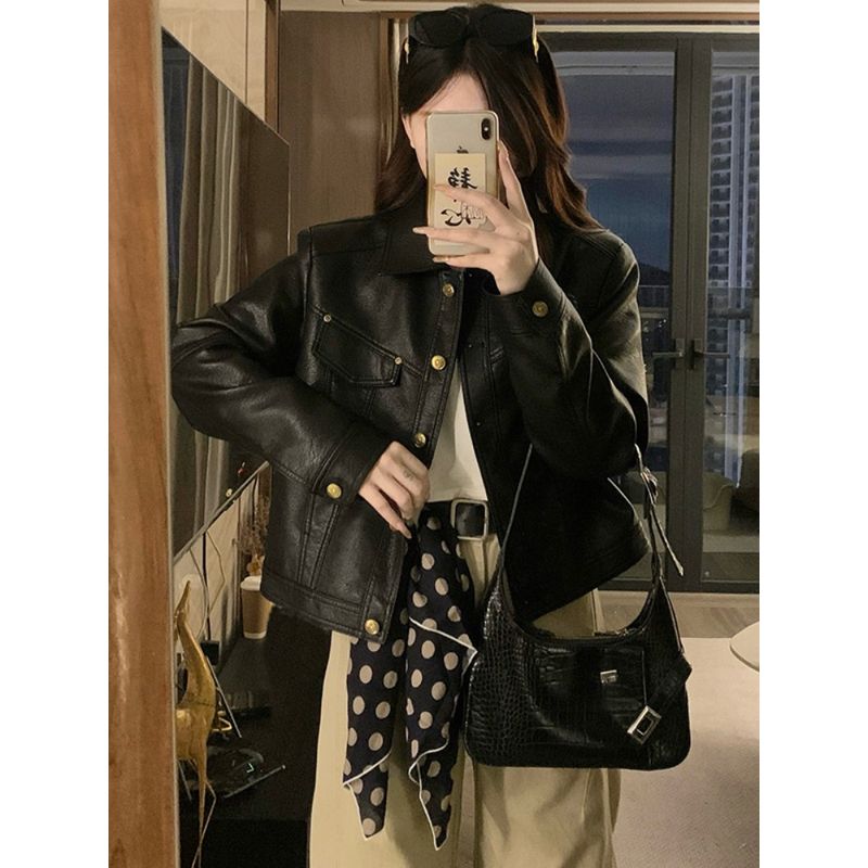 Kumikumi High Sense Retro Black Leather Coat Outerwear Women Autumn Loose Slimming Temperament Lapel Jacket Top