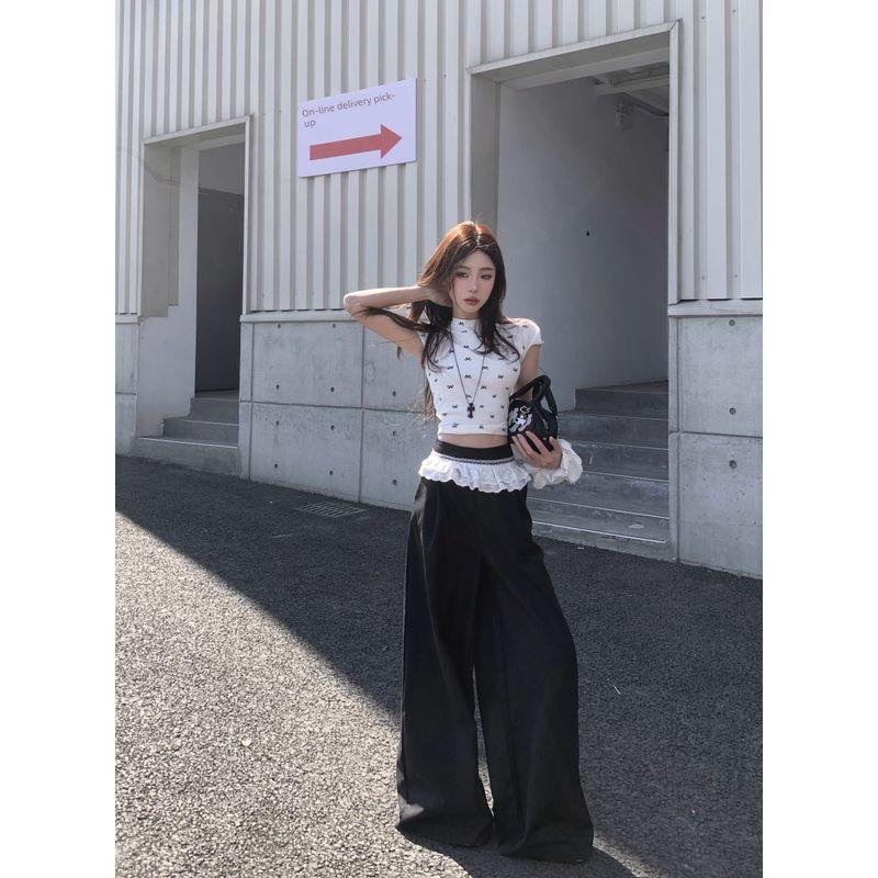 

Kumikumi Retro Lace Patchwork Casual Pants Loose Pants Women s Clothing Fall Drape Baggy Straight Trousers Mop Pants Black L