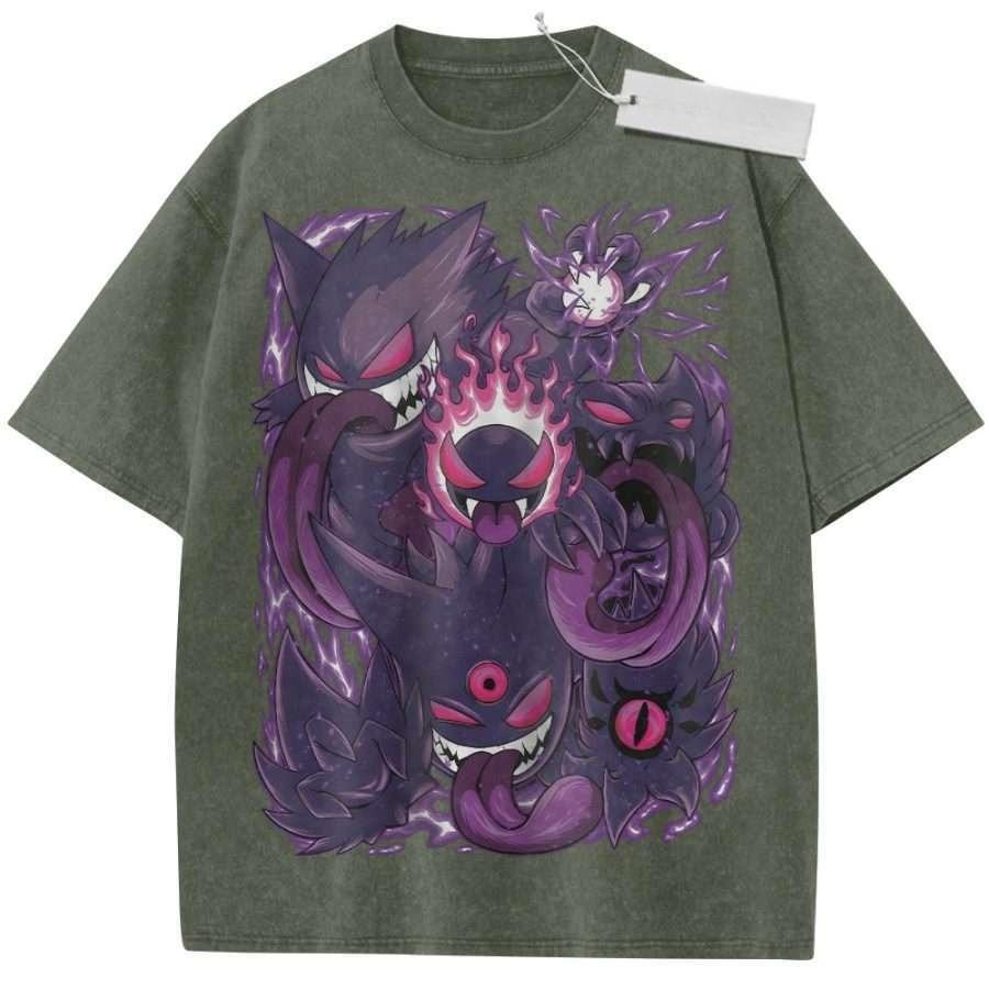Vintage Washed Black TShirt Pokemon Anime Gengar Shadow Ball Print Purple Design Oversized Streetwear for Casual Daily Campus