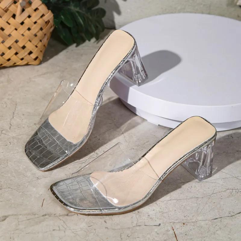 Módní dámské boty 2024 Módní slingbacky Dámské pantofle Letní s otevřenou špičkou Průhledné Jednobarevné Společenské Blokový podpatek Pantofle Plus Size