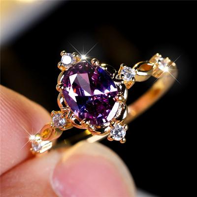 Anello di Fidanzamento Ovale con Pietra di Zircone Viola Femminile Carino, Gioiello da Matrimonio Vintage Color Oro per Donne