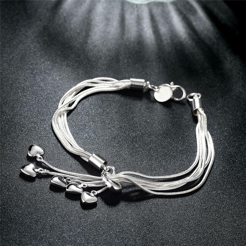 925 Sterling Silver Tassel Heart Charm Bracelet &Bangle For Women Girls Party Wedding Jewelry Pulseras Mujer Sl256