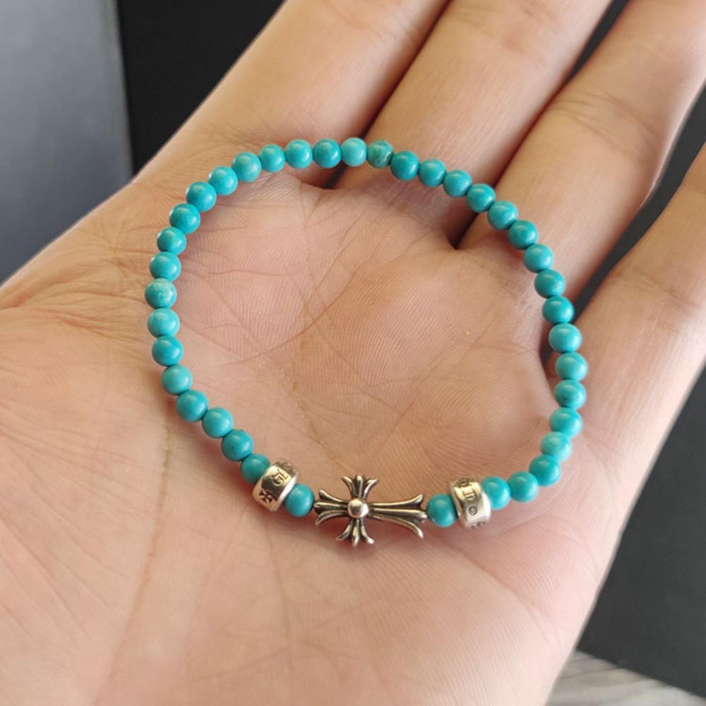 4MM Turquoise Silver Bead Bracelet 925 Silver Punk Hip Hop Retro Trend Personality Jewelry