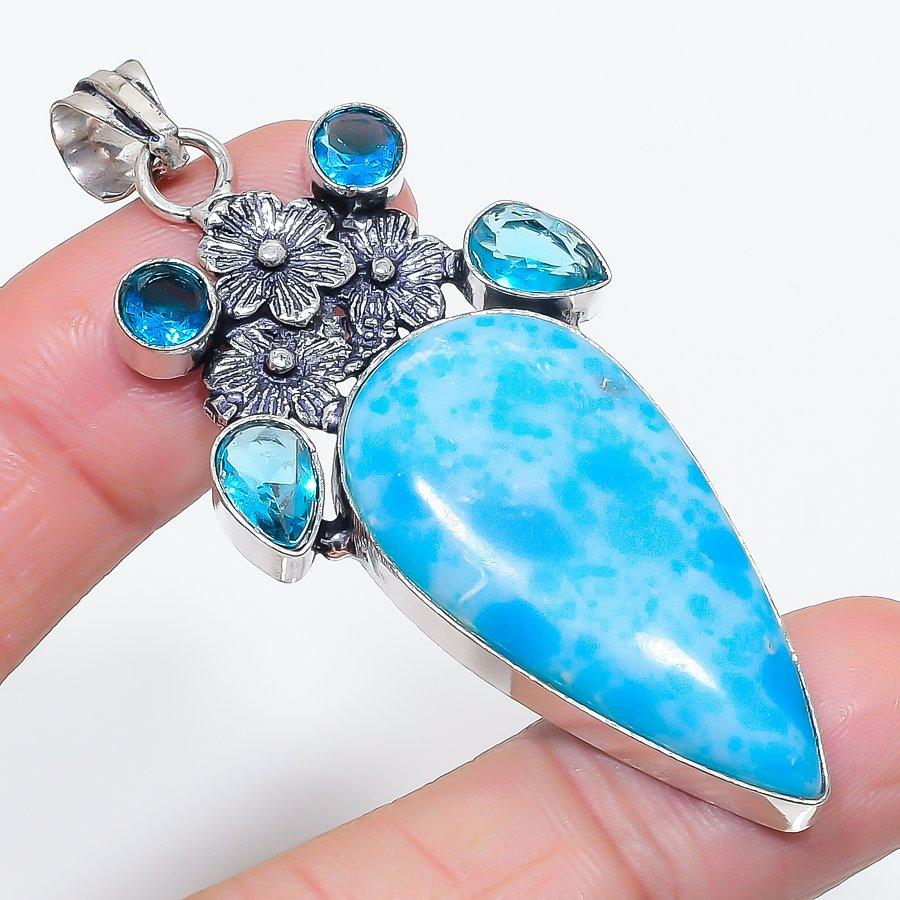 

Natural Larimar, Topaz Gemstone 925 Sterling Silver Jewelry Pendant 2.72 y9v40