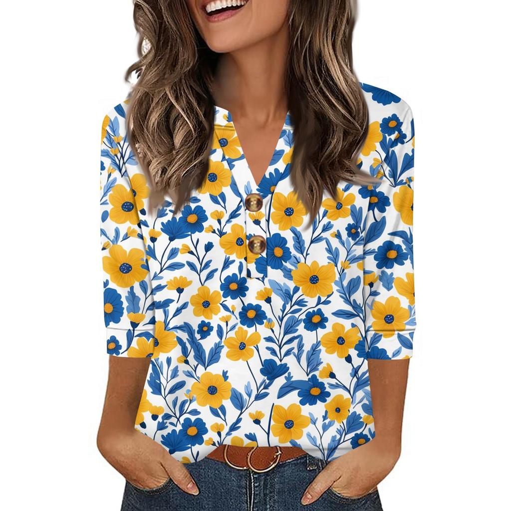 Ladies' Fashionable And Casual Floral Printed Three-quarter Sleeve Loose V-neck Button Shirt