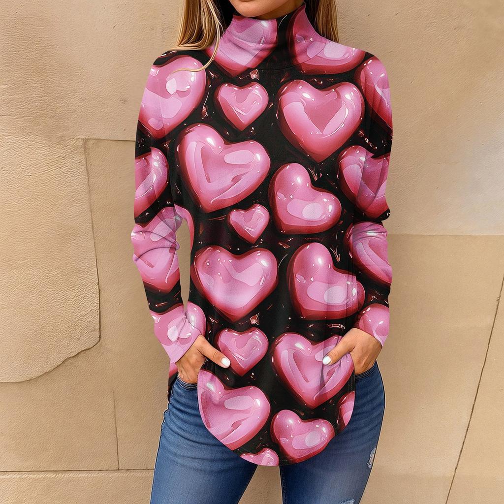 Tee Shirts For Women Fall Casual Long Sleeve Shirts Sweatshirt Vintage Printed High Neck Top Pullover