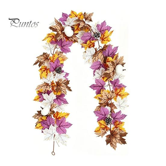 Holiday Gifts for Family Artificial Fall Maple Leaf Wreath, Autumn Vine with Pine Cones Pumpkins, Reusable Realistic Orange Red Leaves Hanging