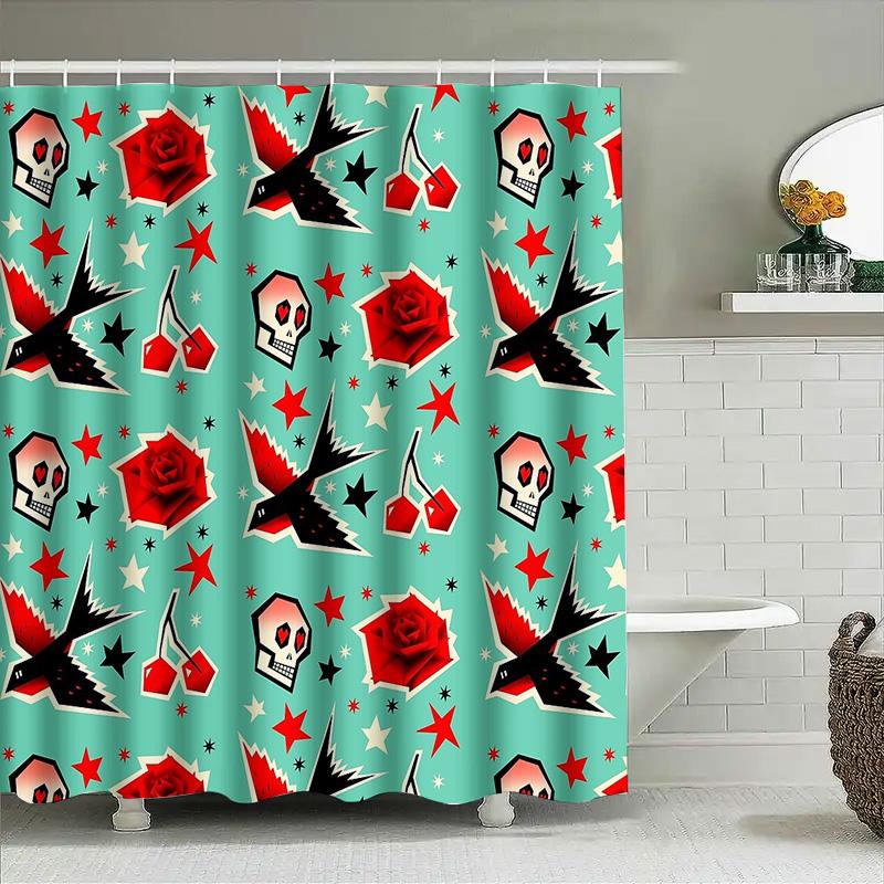 Vintage Skull Tapestry Shower Curtain Gothic Halloween Decor Black Red Skull Pattern Washable Bathroom Curtains Spooky Home Deco