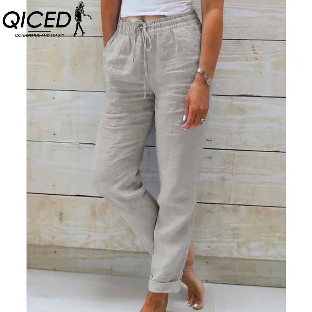 QICED Women's Summer Wide Leg Elastic Waist Trousers Nine Points