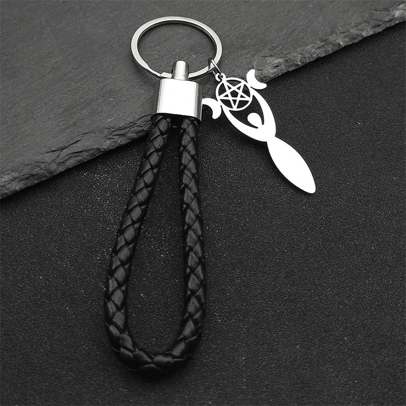 Wicca Triple Moon Goddess Stainless Steel Pendant Key Chain for Women Men Black PU Leather Keyring Wicca Occult Jewelry K3637
