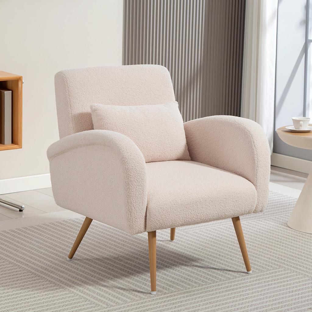 Teddy Fabric Lounge Chair, Upholstered, Wide Seat, Lumbar Cushion, Wood-Effect Metal Legs, Beige