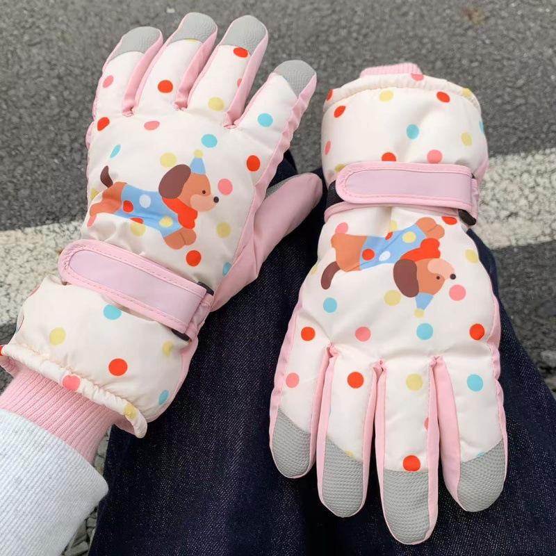 Kadın Kış Karikatür Köpekçik Kayak Eldivenleri: Dokunmatik Ekranlı, Rüzgar Geçirmez, Kadife Astarlı, Dış Mekan Sürüşü İçin Parmak Ayrık