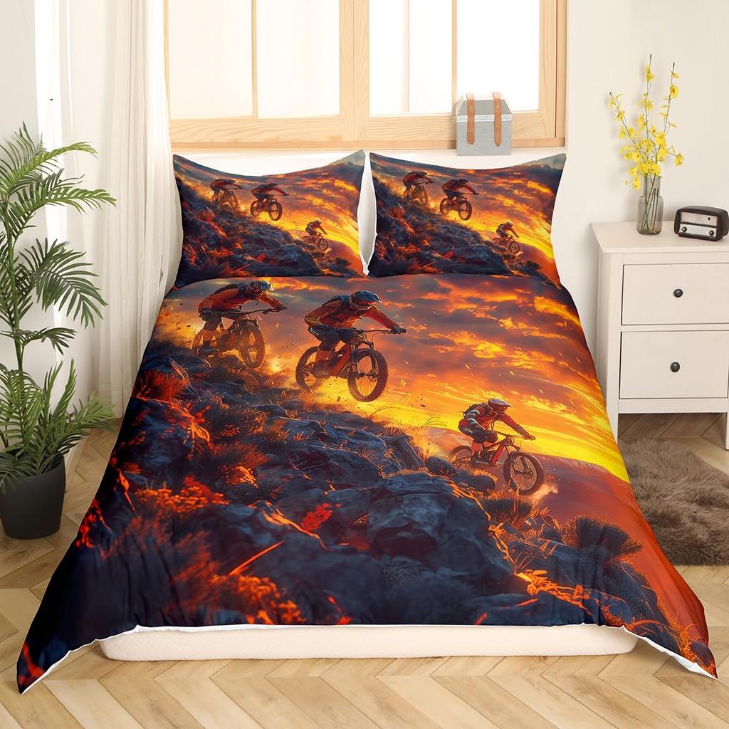 Bicycle Rider Duvet Cover Toddler Size For KidsMountain Bike Bedding Set For Teens AdultsWatercolor Quilt Cover
