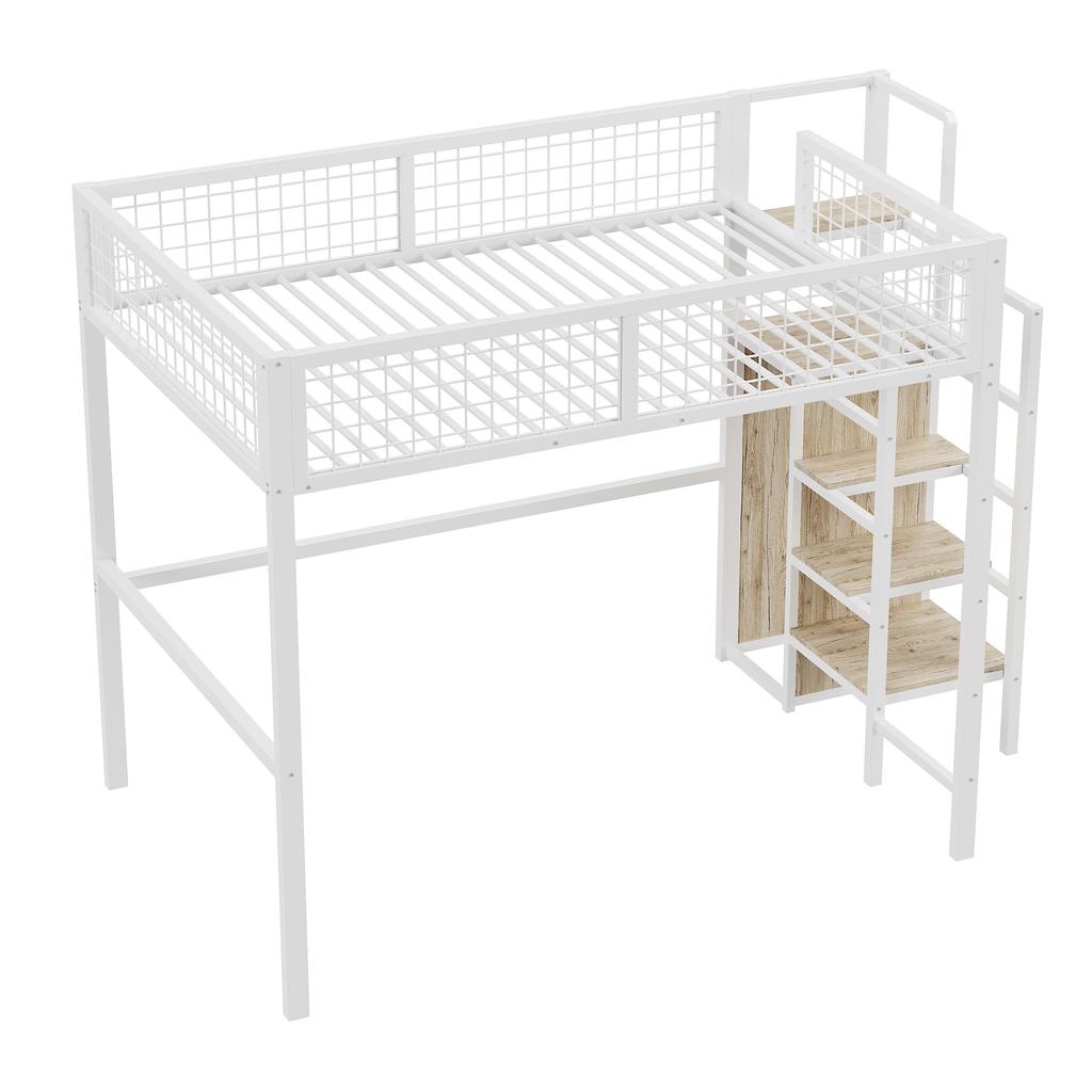 Loft bed 140*200 with ladder, children's bed with iron frame and storage shelf, wardrobe white (Old SKU LDB00198AAK)