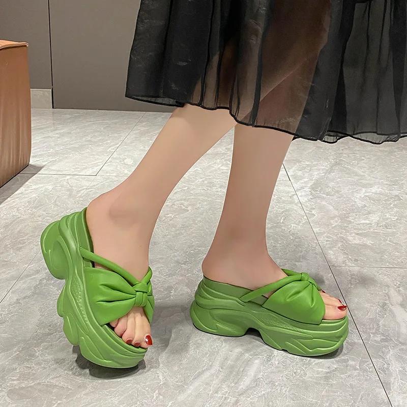Fashion Shiny Rhinestone High Platform Slippers New Women 9CM Heels Leather Chunky Sandals Woman Summer 2025 Thick Bottom Wedges Slides
