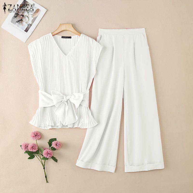 ZANZEA Damen Ärmellose Tanktops und Hosen Sommer Zweiteiler Anzugsets