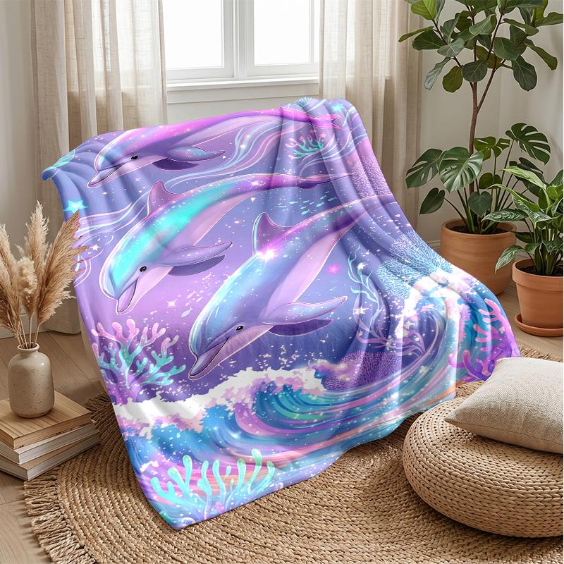 Galactic Dolphins Rainbow Wave Theme Blanket Lightweight Warm Flannel Blanket Decorative Throw Blanket for Home Decoration