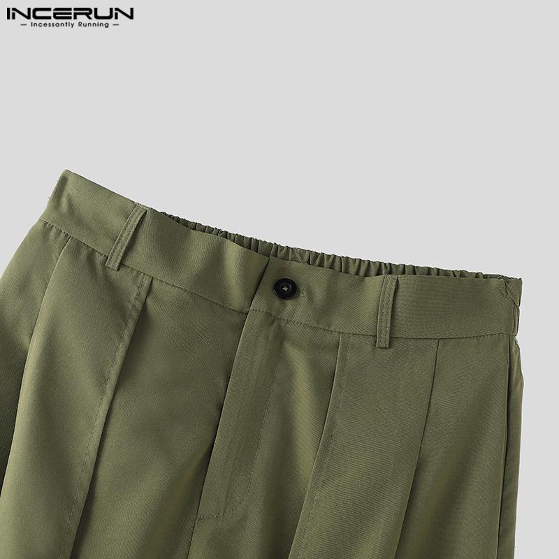 INCERUN Men Zip-up Elastic High Waist Trousers Casual Long Wide Legs Pants