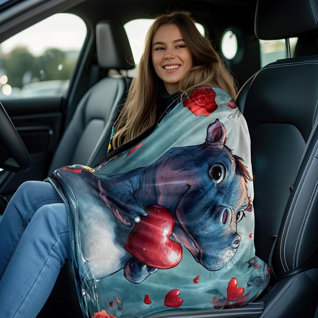 1pc Hippo with Red Heart Blanket - Lightweight Flannel Throw for Sofa, Outdoor, Camping, Living Room, Office, Chair, and Bed