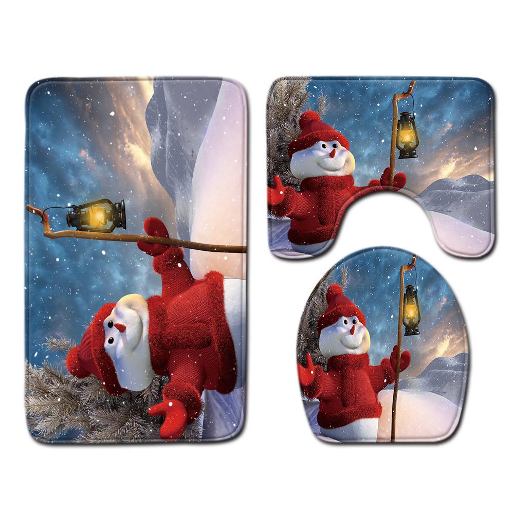 Christmas Shower Curtain Floor Mat Combination Four-Piece Set Bathroom Toilet Carpet Shower Room Mat Foot Mat