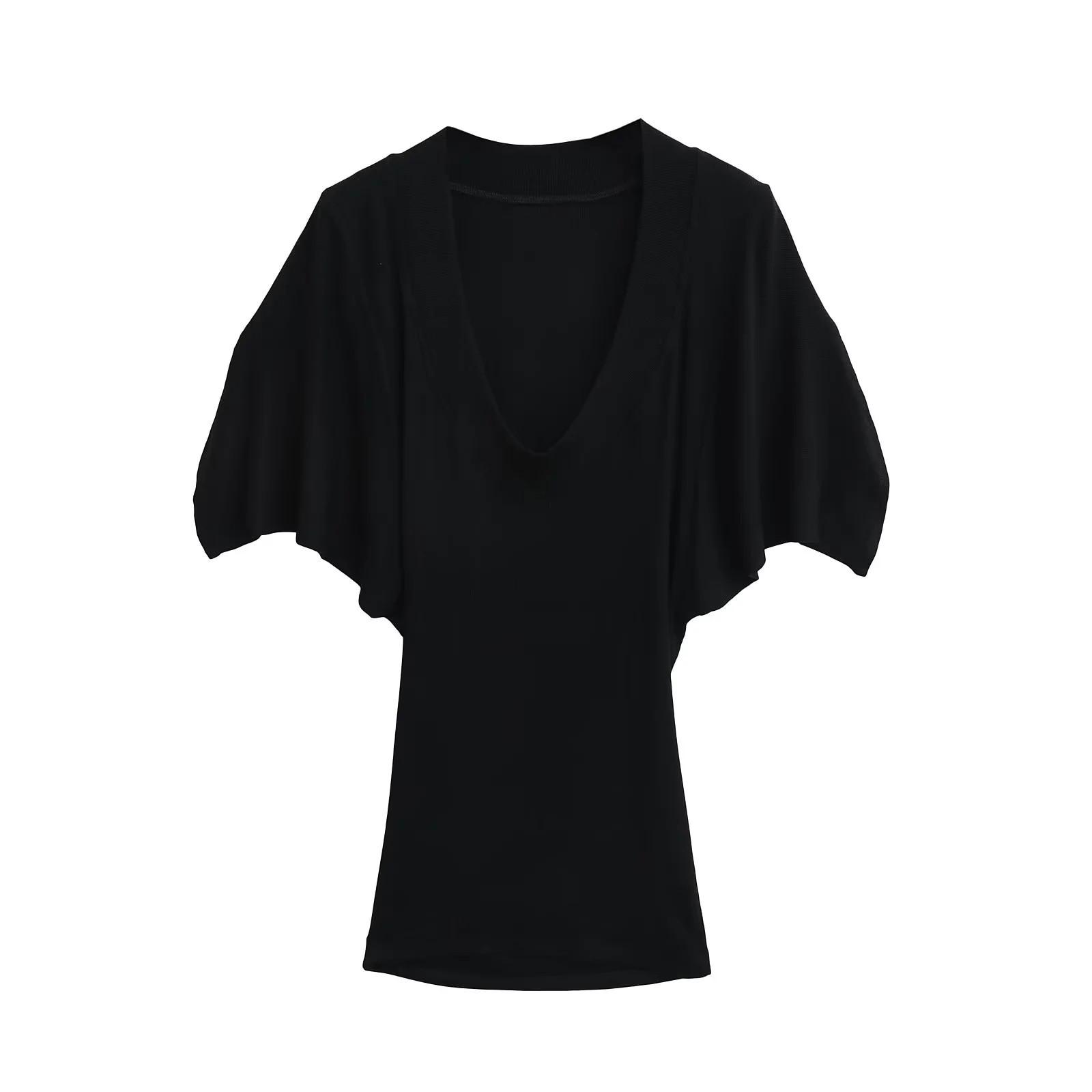 

Топ с глубоким V-образным вырезом и рукавами «летучая мышь» для острой девушки, весна 2025 - Универсальная футболка свободного кроя, стройнящая фигуру Large чёрный