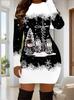 3D Santa Claus Christmas Tree Print Dress Autumn New Year Christmas Party Mini Dress Women's Long Sleeve Round Neck Tight Dress