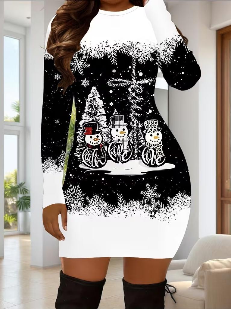 3D Santa Claus Christmas Tree Print Dress Autumn New Year Christmas Party Mini Dress Women's Long Sleeve Round Neck Tight Dress