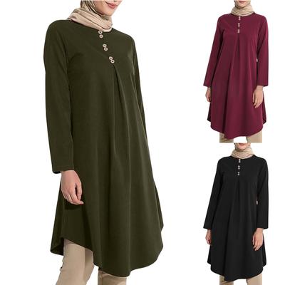 Muslim New Women's Solid Color Button Patchwork Fashion Casual Long Sleeve Swallowtail Hem Dresses