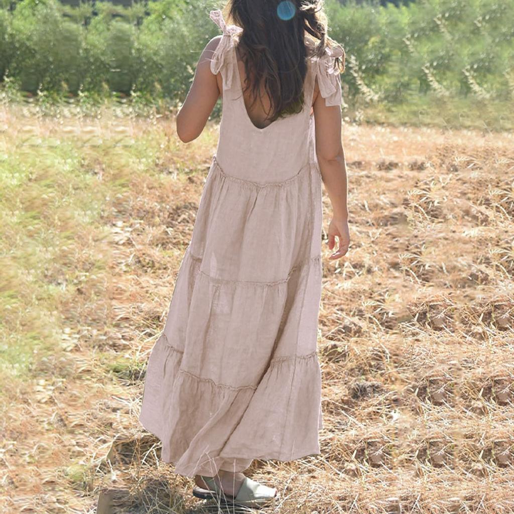 Women's Cotton And Linen Dress Women Sexy Tie Shoulder Cami Dress Casual Loose Sleeveless Ruched Flowy Dress