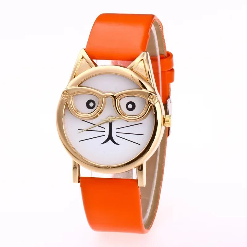 

Creative Glasses Children Fashion Korean Cute Cartoon Cat Leather Band Quartz Watch Simple Wristwatch Bracelet Best Gift помаранчевий