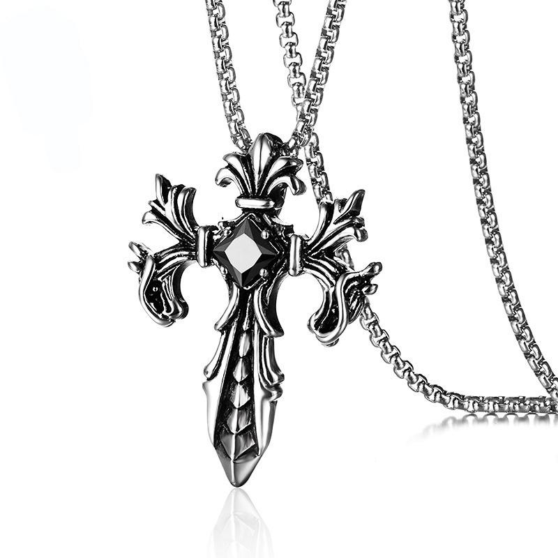 Retro Double Dragon War God Cross Pendant Necklace with Inlaid Diamond - Titanium Steel Jewelry