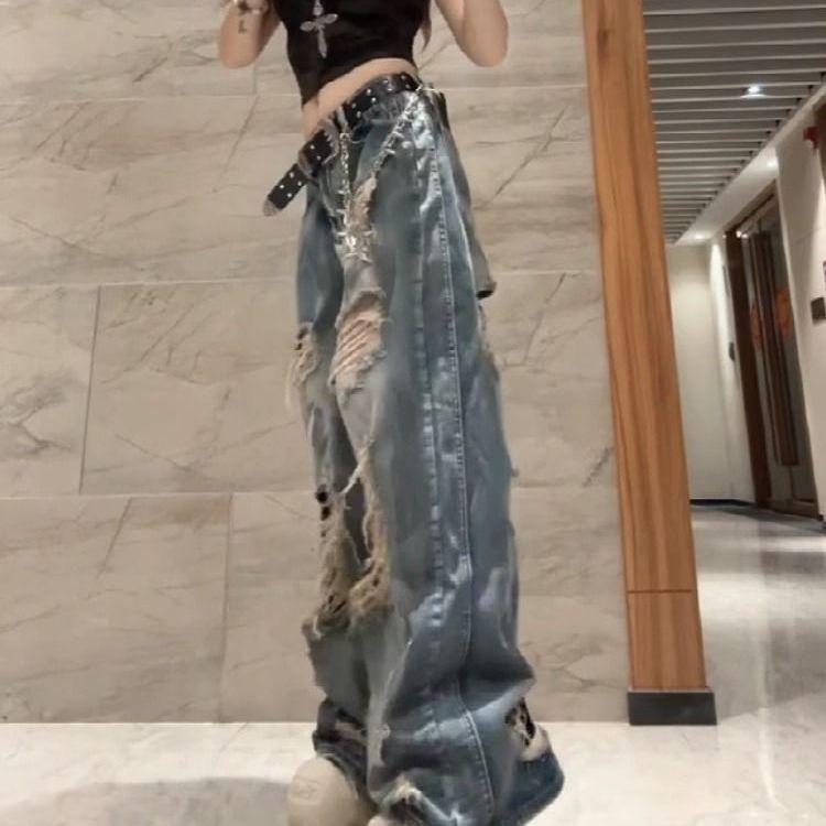 

Женские джинсы Y2K в стиле гранж с потертостями и грязной стиркой - Свободные брюки прямого кроя с широкими штанинами с высокой посадкой для лета S